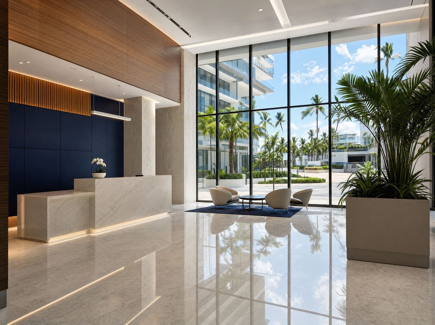 A spotless commercial office lobby in Palm Beach County