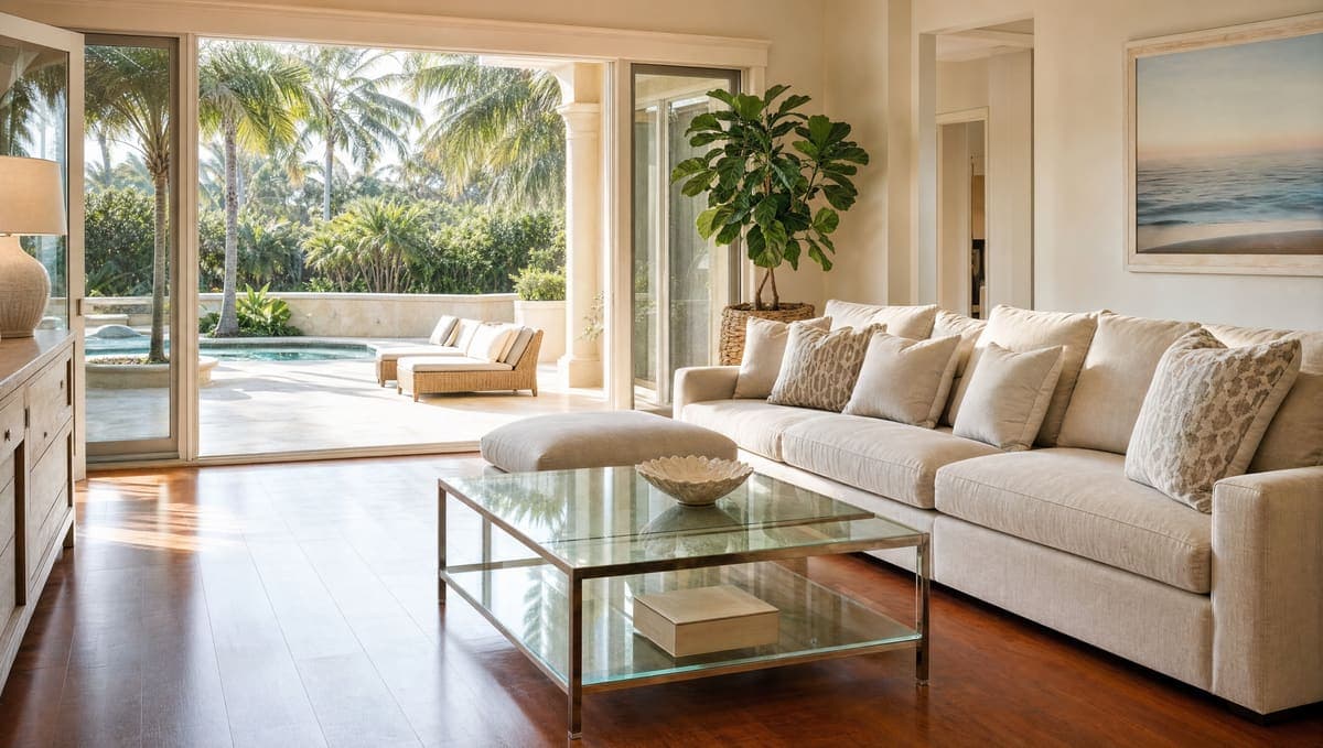 A Florida living room after a thorough cleaning, cushions squared and floors gleaming