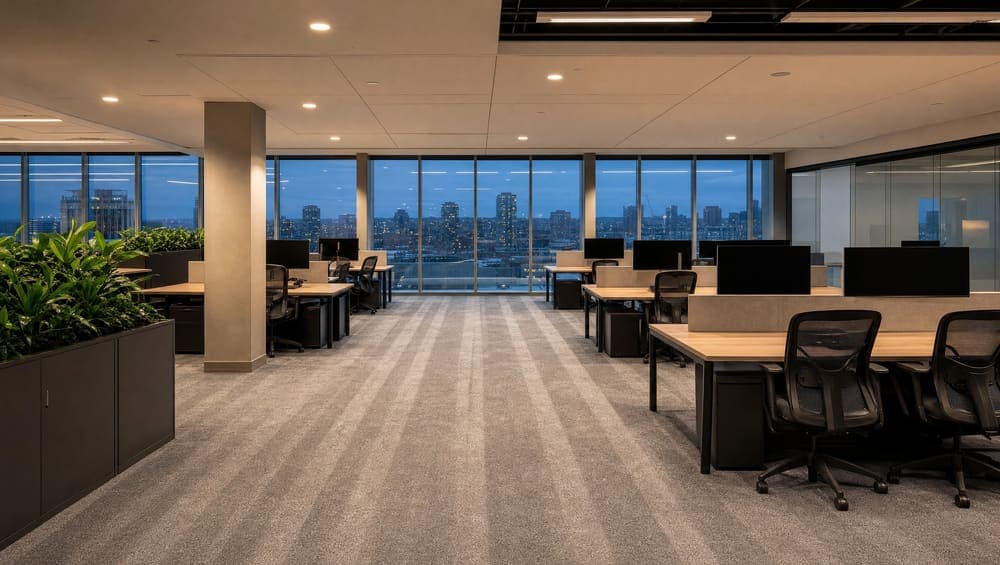 An open-plan office after a nightly clean, fresh vacuum lines across the carpet