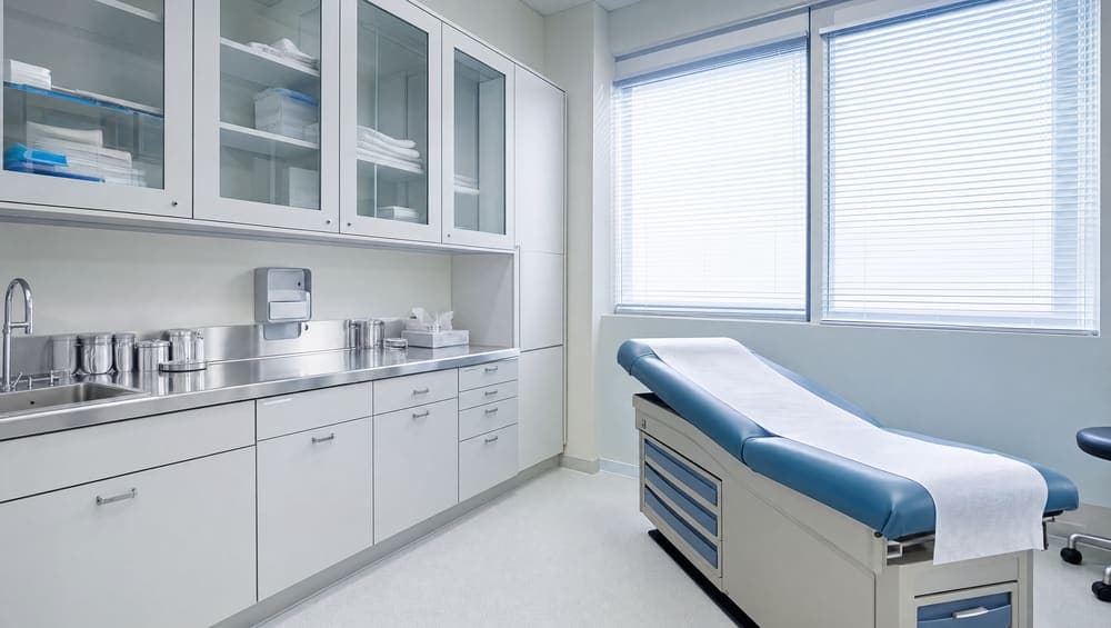 A disinfected exam room with fresh table paper and gleaming steel counters