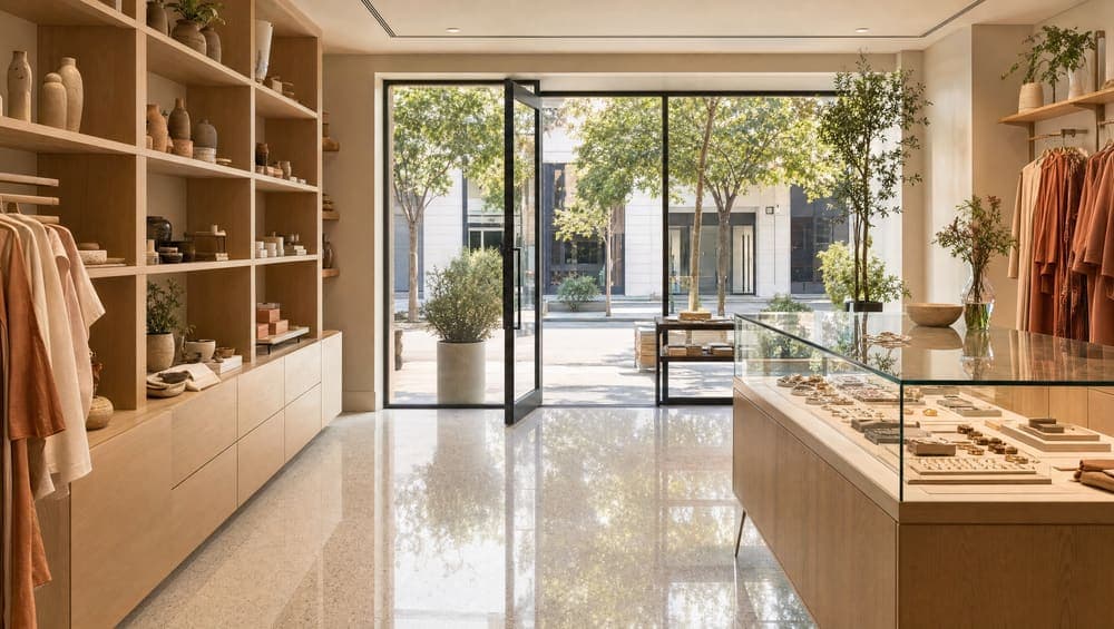 A boutique storefront with polished floors and streak-free entry glass