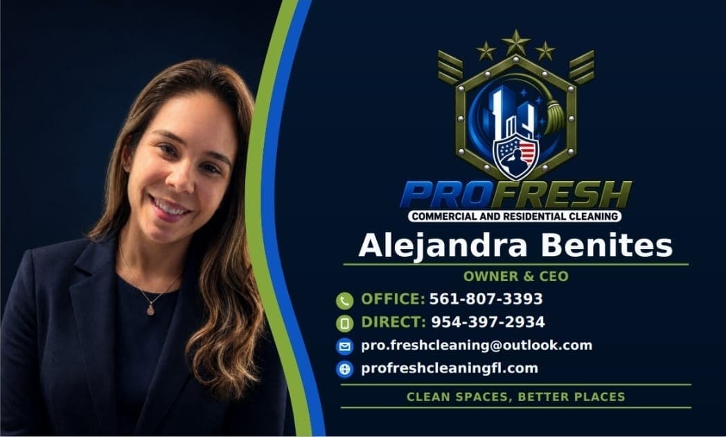 Business card of Alejandra Benites, Owner and CEO of ProFresh Commercial Cleaning
